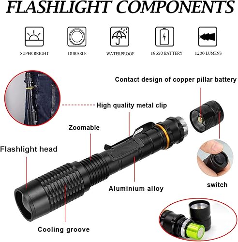 Miniatura 2 de Linternas tácticas LED recargables de alto lúmenes con batería, 5 modos de zoom impermeable, potente linterna de mano para campamento, senderismo al
