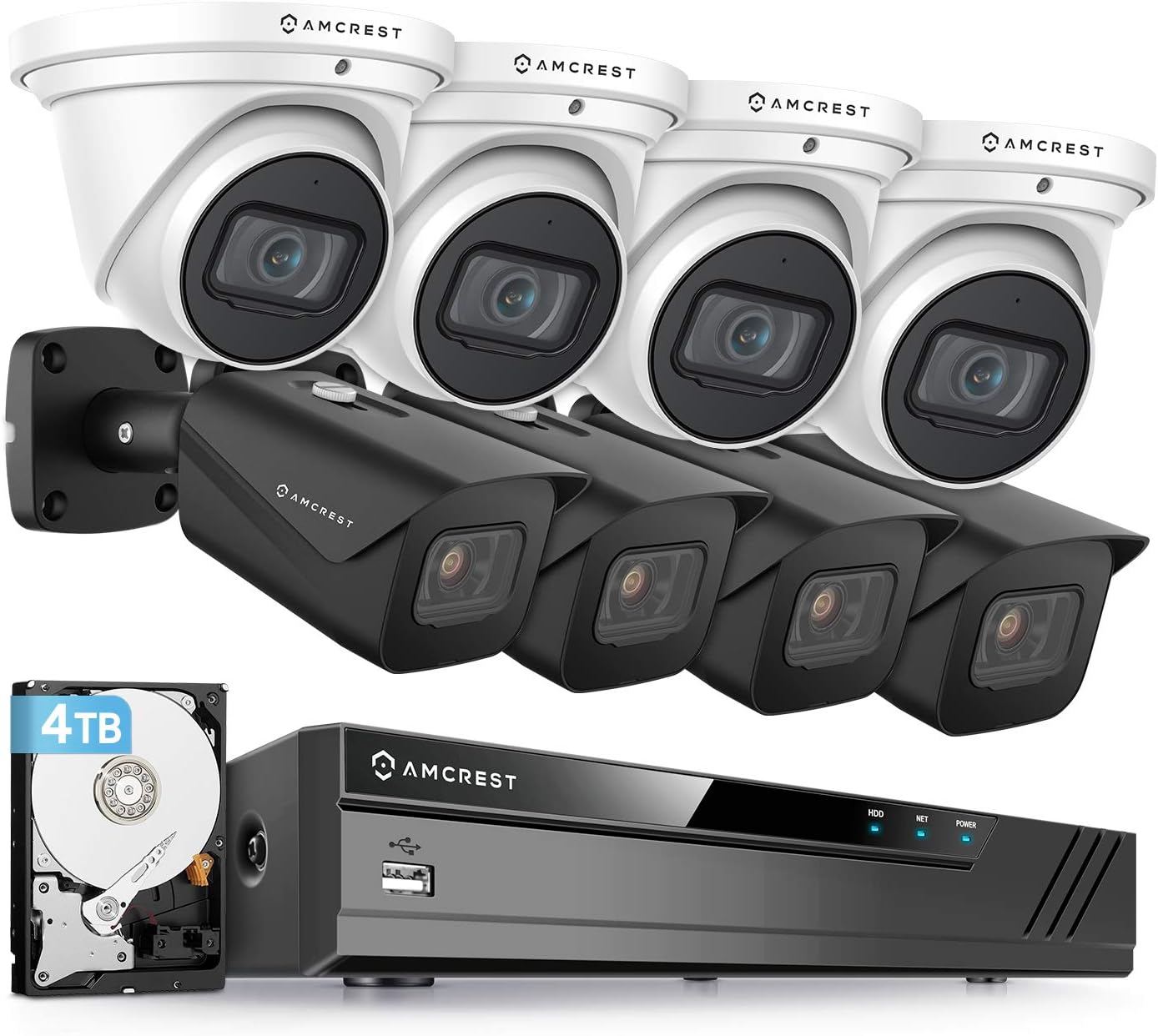 Amcrest 4K Security Camera System w/ 4K 16CH (8-Port PoE) NVR, (8) x 4K IP67 Weatherproof Metal Turret Dome & Bullet POE IP Cameras, Pre-Installed 4TB HDD, NV4116E-IP8M-T2599EW4-IP8M-2496EB4-4TB