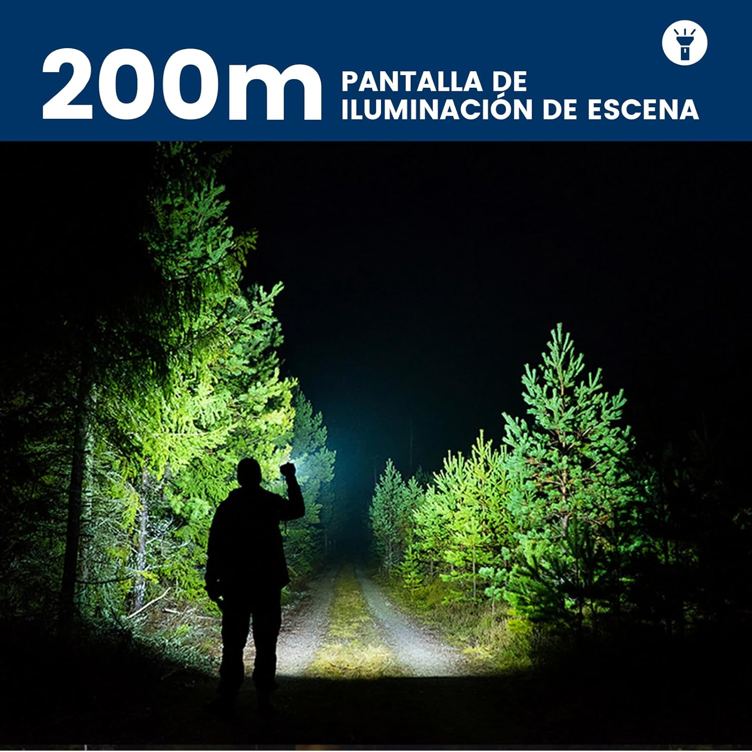 Man using Philips SFL2186 flashlight to illuminate a path in a dark forest, showing 200m illumination