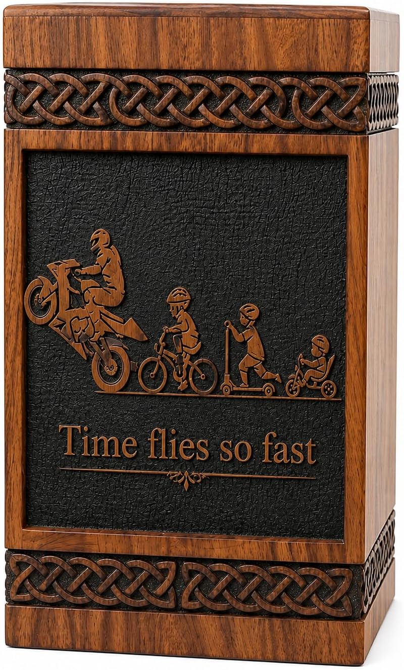 Handcrafted Wooden Cremation Urn for Human Ashes – “Time Flies So Fast” Engraved Memorial Urn with Life Journey Bike Design – Decorative Funeral Ashes Box ((11X6-250 Cu.in))