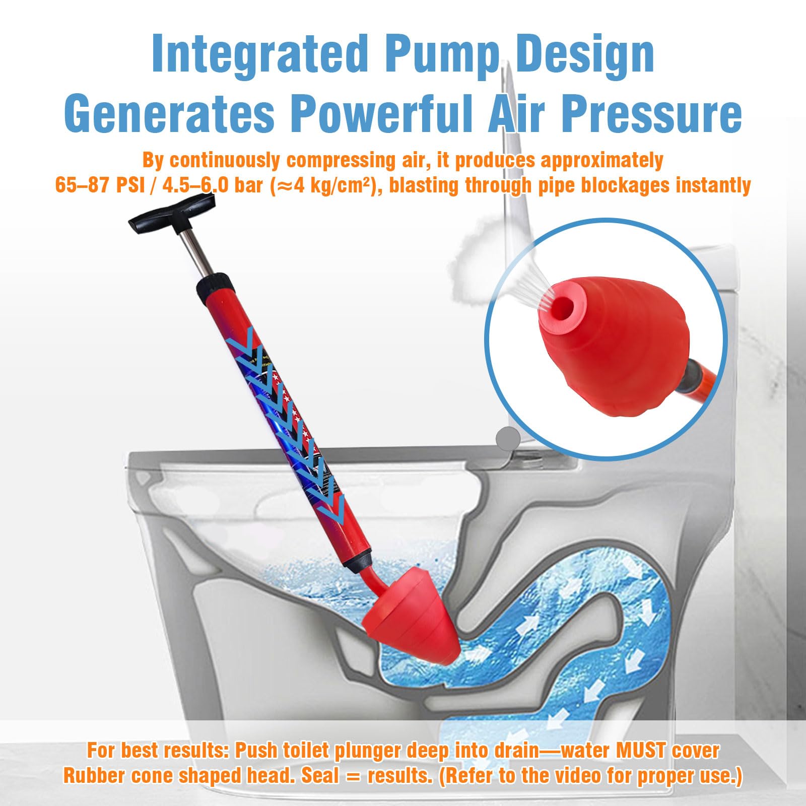 Toilet Plunger, High-Pressure Plungers for Bathroom, Toilet Brush and Plunger Set - Powerful Air Drain Unclogger & Heavy-Duty Clog Remover for Bathroom Drains, and Clogged Pipes - 3