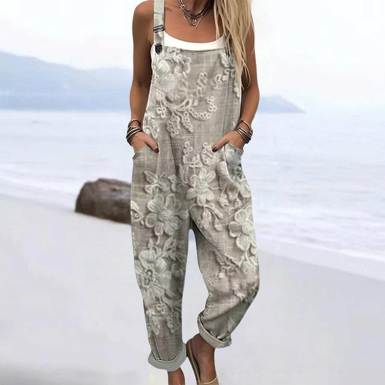 Generico Salopette Donna Estiva Lunga Elegante Tuta Jumpsuit Intera Curvy Casual Moda Stampa Jumpsuits Comoda Larga Pantaloni Da Lavoro Con Tasca Leggera Baggy, Salopettes da Casa Playsuit Spiaggia