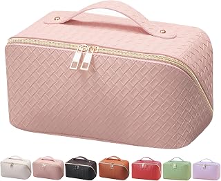 Large Capacity Travel Cosmetic Bag, Toiletry Bag, Women Portable Makeup Bag Opens Flat for Easy Access, PU Leather Waterproof Travel Cosmetic Bag with Handle and Divider