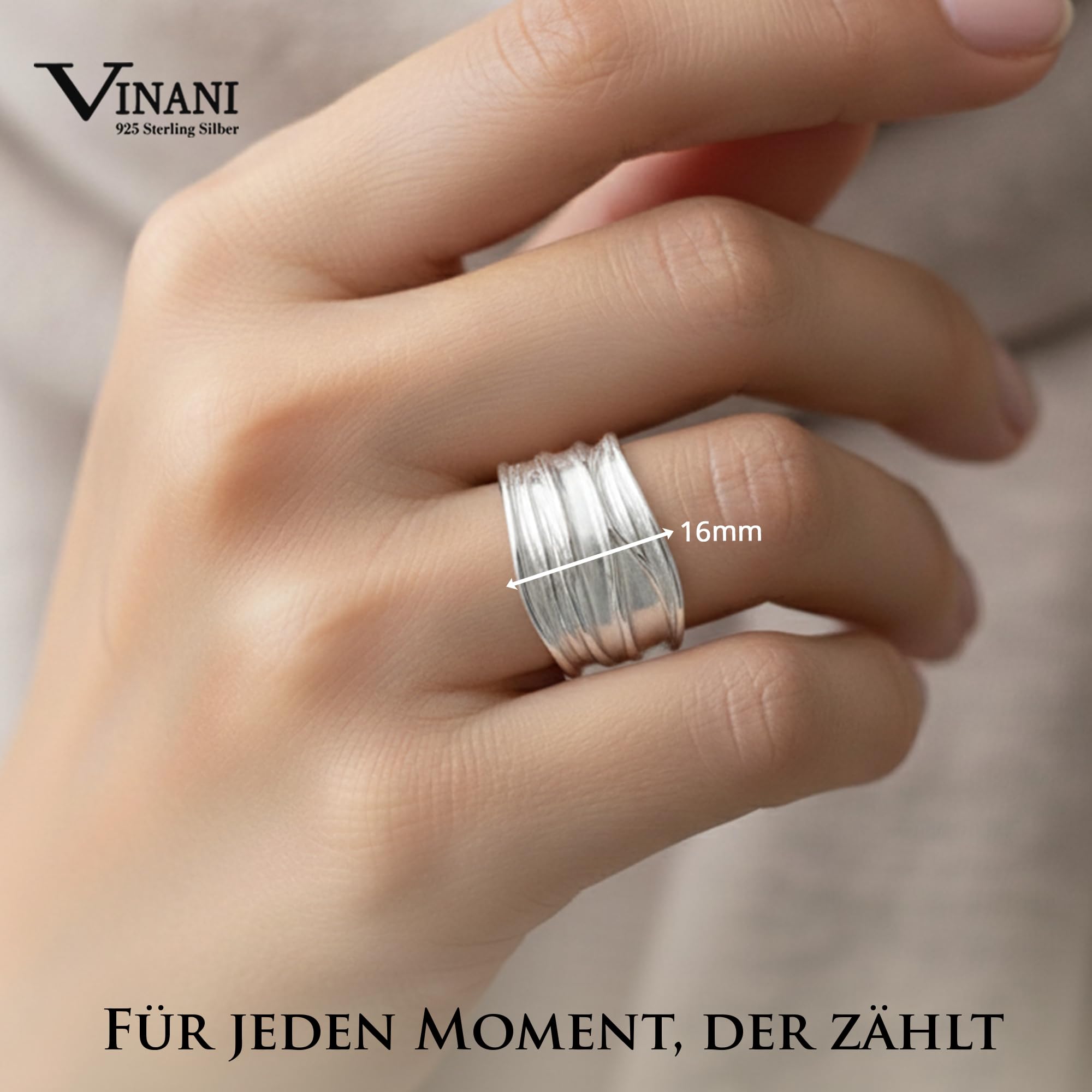 Vinani Ring aus 925 Sterling Silber - Breiter Damenring mit sandgestrahlter Struktur und glänzenden Elementen für Frauen, nickelfrei & antiallergisch, Designed in Deutschland, RBM