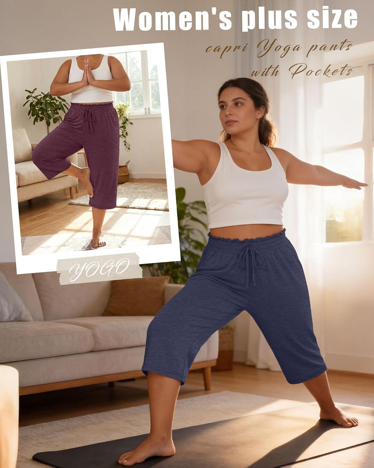 Neer 3 Pack Women's Plus Size Capris High Waisted Drawstring Wide Leg Cropped Sweatpants Lounge Yoga Pants with Pockets - Image 3