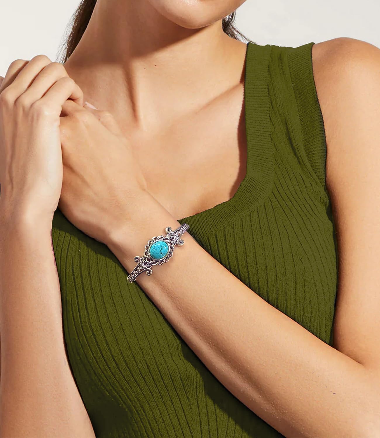 925 Sterling Silver Genuine Leaf Turquoise Bracelet Cuff for Women Adjustable Boho Style Native American Bangle Jewelry 6.5 7 7.5 Inch