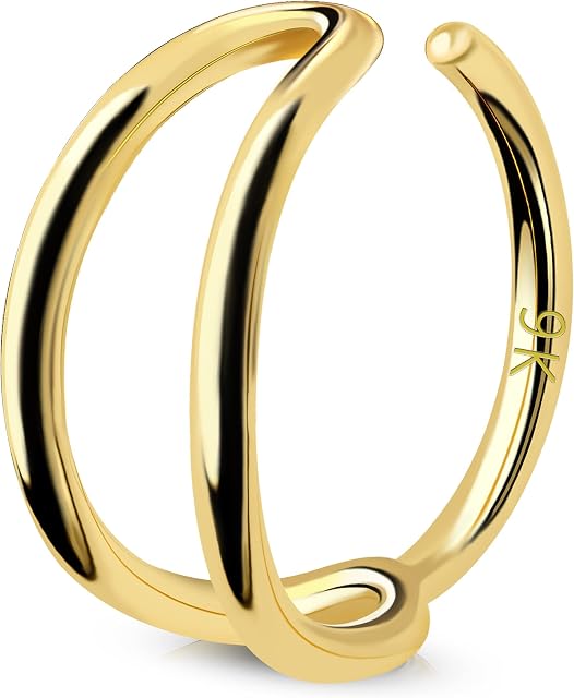 OUFER 9ct Solid Gold Nose Hoop Ring 20G Seamless Open Nostril Ring Piercings Moon CZ Helix Earring Hoops Cartilage Rook Tragus Body Jewellery Women Men Gift 8mm