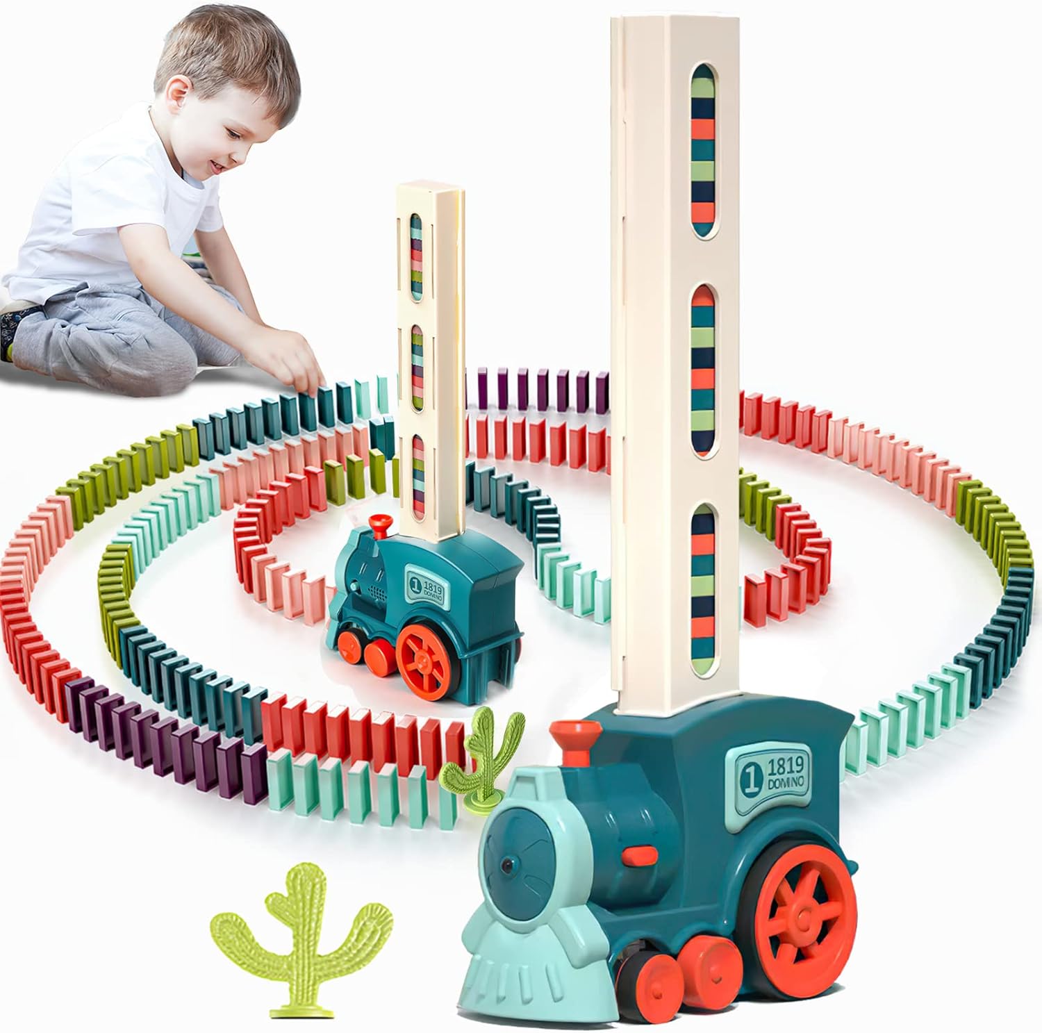 Dominoes Train Set, with 60PCS Domino Blocks, Trains can Automatically