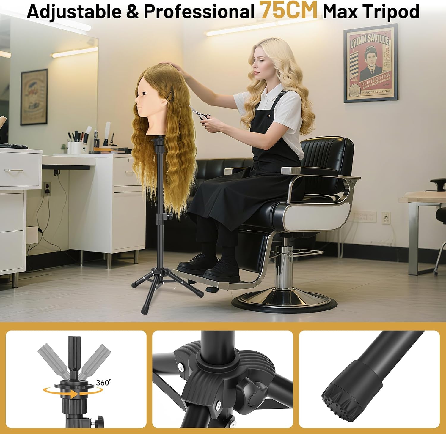 Mannequin Head Human Hair, 90% Human Hair with Tripod Stand, 23" Makeup Mannequin Cosmetology Manikin Practice Doll Head with Stand, Face Gems, Braiding Hairdressing Head for Hair Styling with Table Clamp + DIY Hair Styling Set