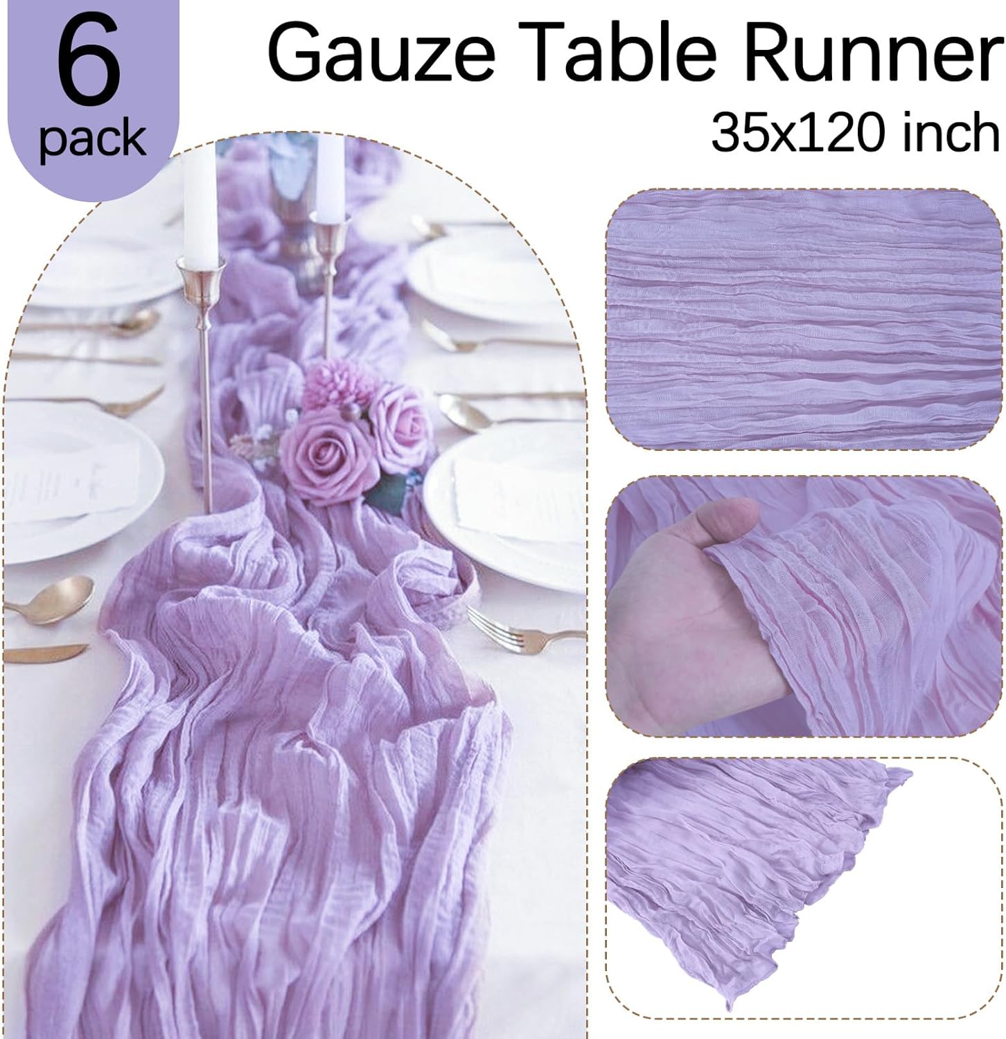 6 Pack Lavender Purple Cheesecloth Table Runner 10FT Boho Gauze Fabric Purple Table Runner 35 x 120 Inch Rustic Sheer for Easter Spring Holiday Wedding Decor Baby Shower Party
