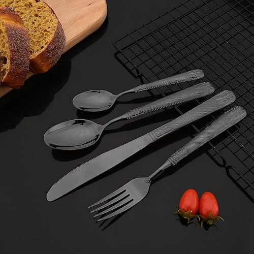 Miniatura 4 de JASHII Juego de cubiertos negros de acero inoxidable 304 para 4, con orejas de trigo con mango plano en relieve vintage, pulido de espejo, apto para