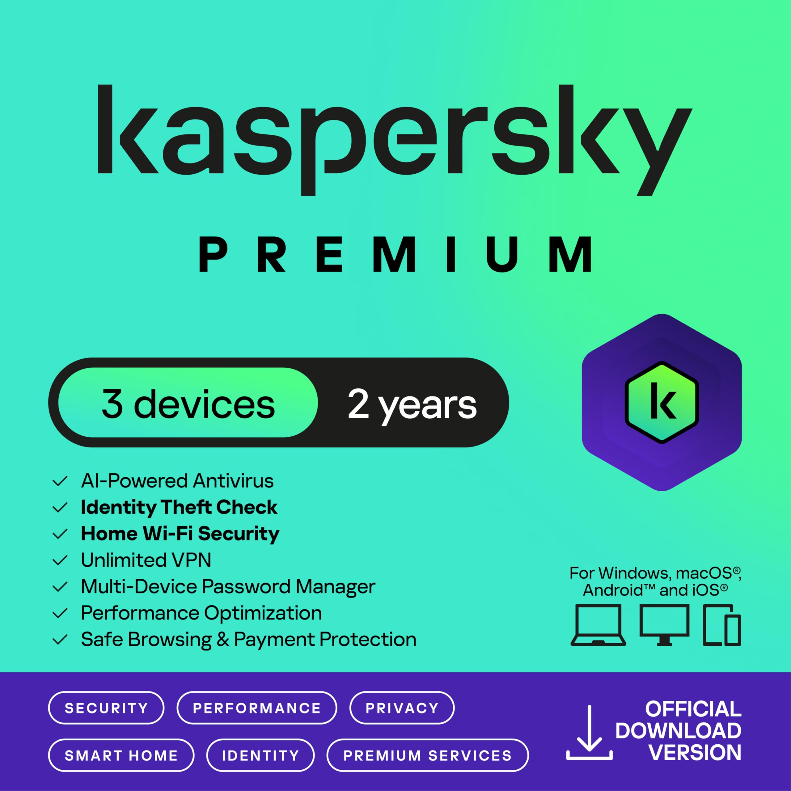 Kaspersky Premium Total Security 2026 | 3 Devices | 2 Years | Anti-Phishing and Firewall | Unlimited VPN | Password Manager | Parental Controls | 24/7 Support | PC/Mac/Mobile | UK Online Code
