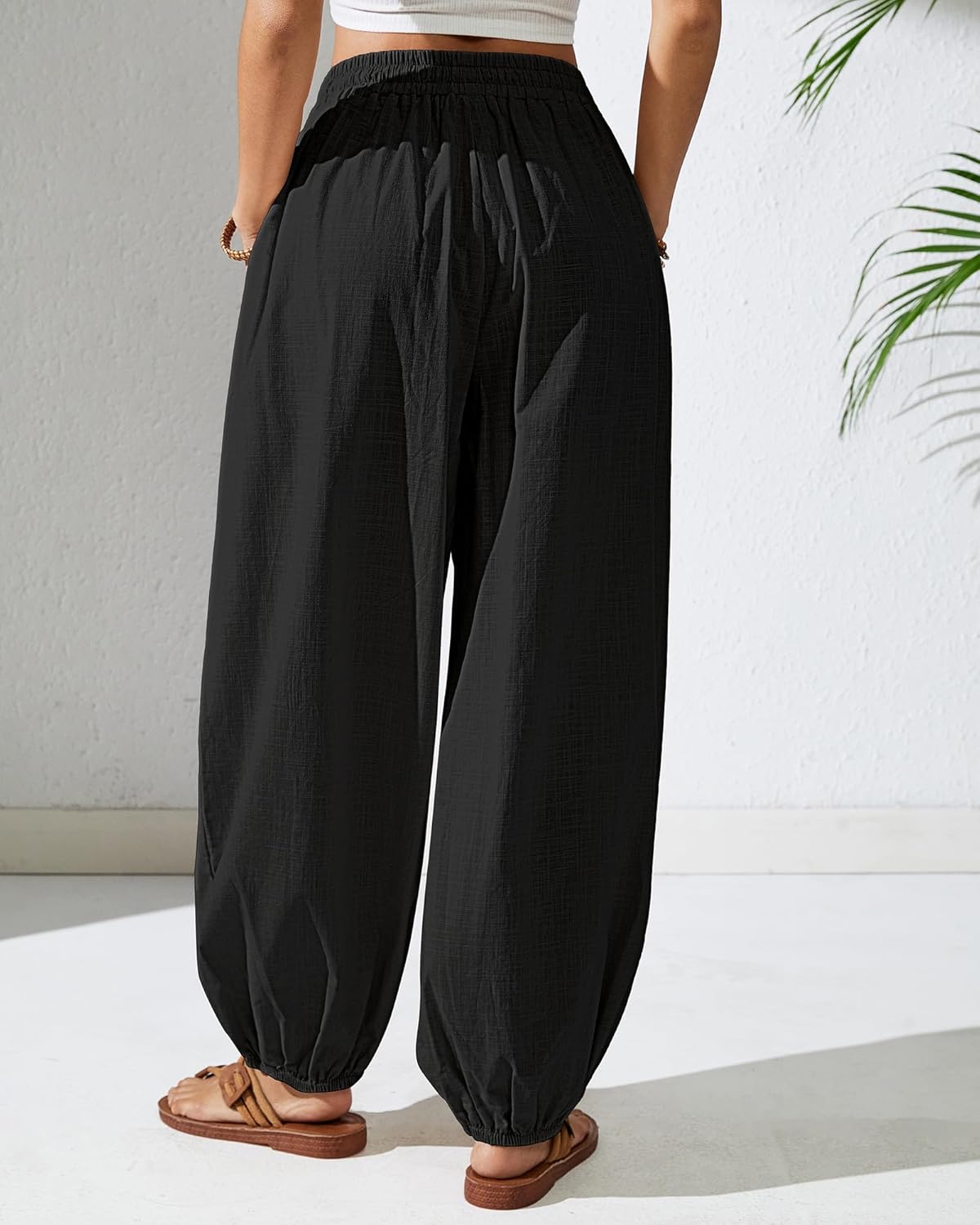 Bsubseach Womens Cotton Harem Pants Elastic Waist Baggy Pant Drawstring Balloon Trouser Loose Beach Pants with Pockets - Image 4