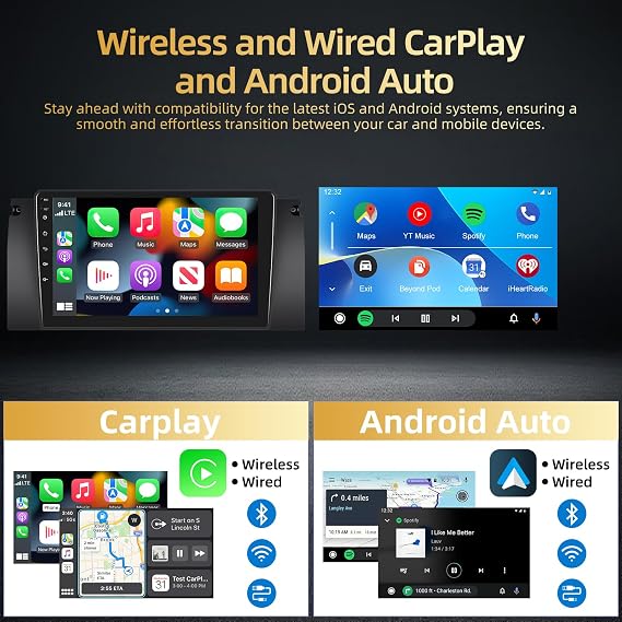 2+64G Car Stereo for BMW X5 E39 E53 1998-2006 - Wireless Carplay & Android Auto - 9 Inch Android Touch Screen Radio with EQ DSP, GPS, WiFi, SWC + AHD Backup Camera, MIC