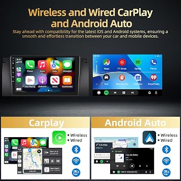 2+64G Car Stereo for BMW X5 E39 E53 1998-2006 - Wireless Carplay & Android Auto - 9 Inch Android Touch Screen Radio with EQ DSP, GPS, WiFi, SWC + AHD Backup Camera, MIC