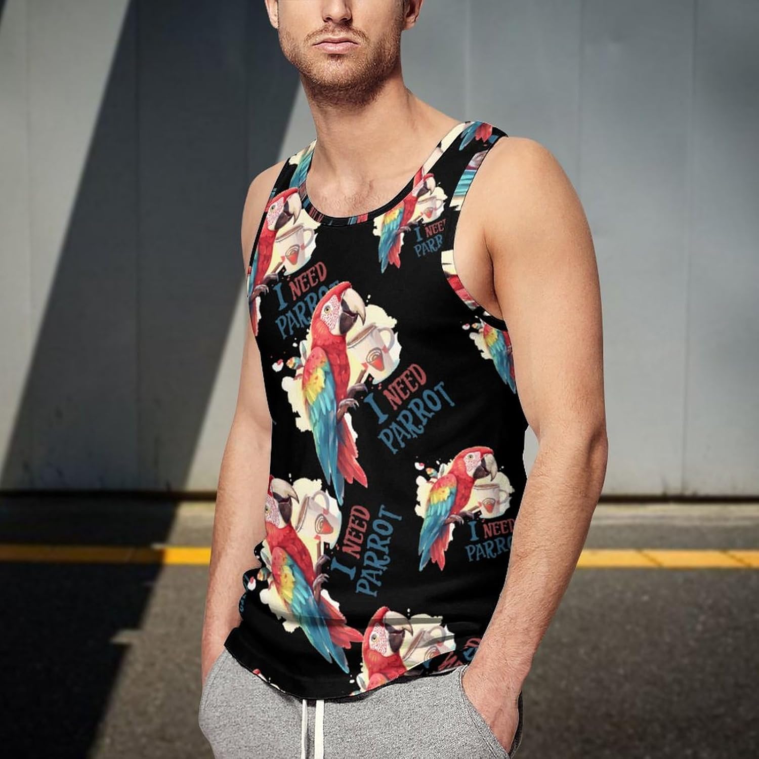 Funny Parrot and Coffee Men's Tank Top Sleeveless Muscle Shirts Vest Beach T Shirts for Workout Gym