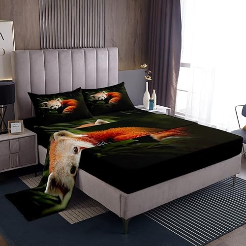 Juego de sábanas de mapache para niños, diseño de panda rojo, hojas verdes de árbol, sábana bajera ajustable para niñas y niños con patrón de