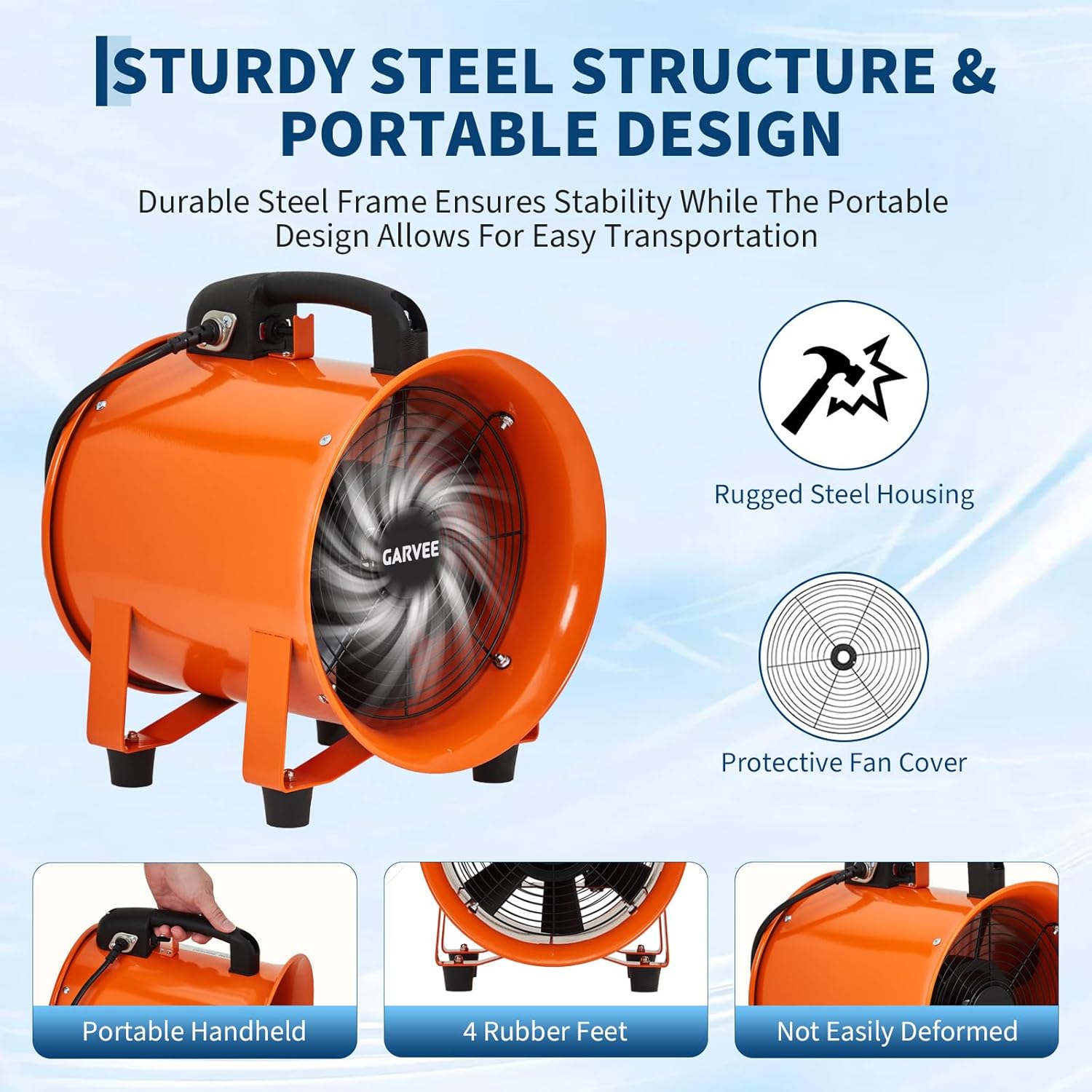 10 Inch Air Mover Blower Fan, Portable Industrial Exhaust Fan with 32.8 ft Flexible Duct Hose, 2000 CFM Low-Noise Utility Blower Fan/Extractor/Ventilator for Basements, Workshops, Warehouses