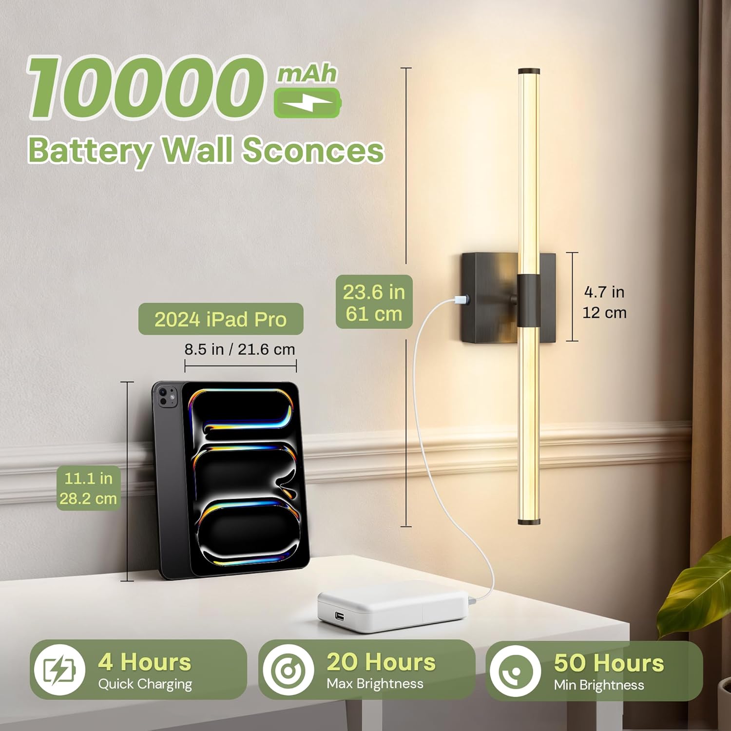 L LOHAS LED Battery Operated Wall Sconces Set of 2, 10000mAh Black Battery Wall Sconce 360 Full Lighting, 3000K Dimmable Wireless Wall Light, Sconce Wall Decor for Bathroom, Bedroom, Living Room, 24in
