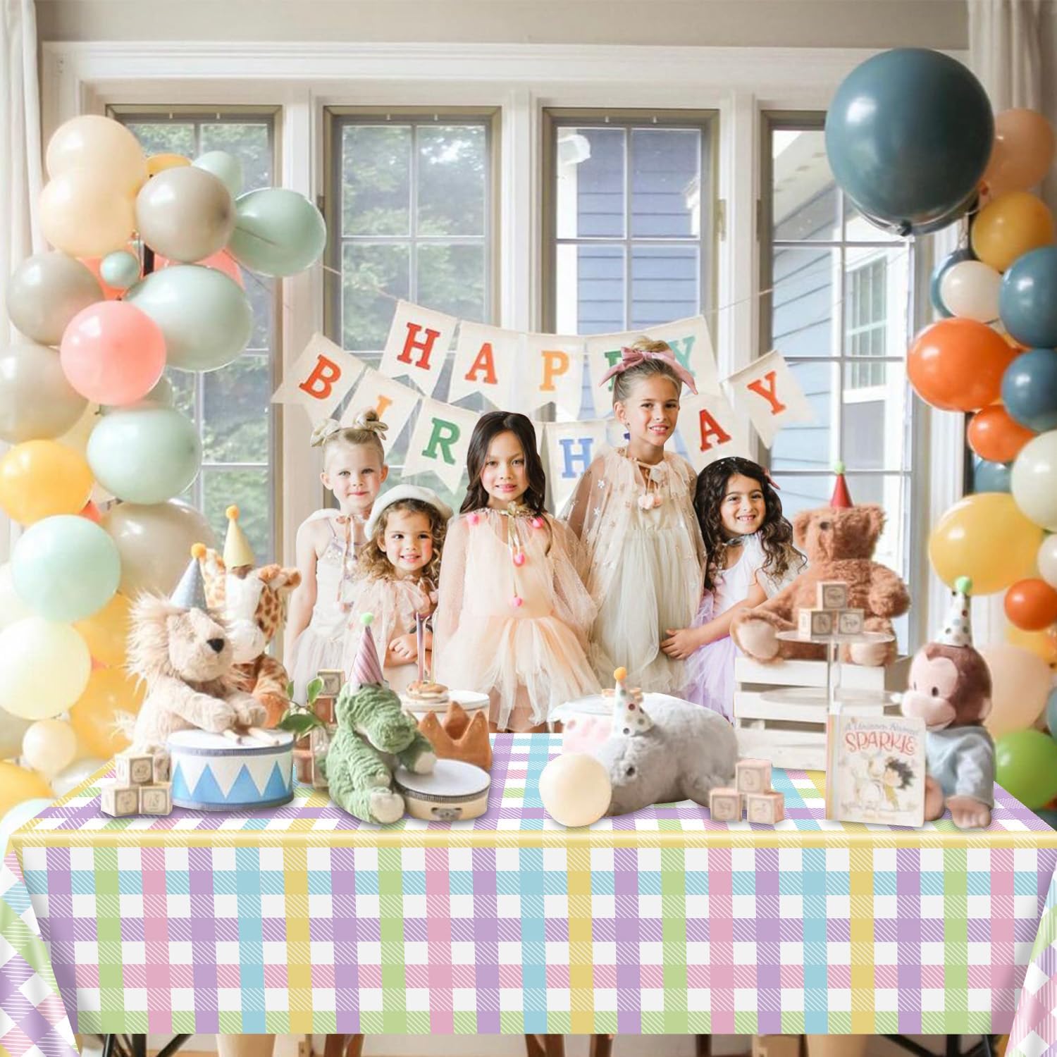 4Pcs Pastel Tablecloths 54"x86" Spring Easter Pastel Plaid Tablecloths Gradient Colorful Checkered Rainbow Plastic Table Cover for Rainbow Easter Birthday Bachelorette Engagement Theme Picnic Party