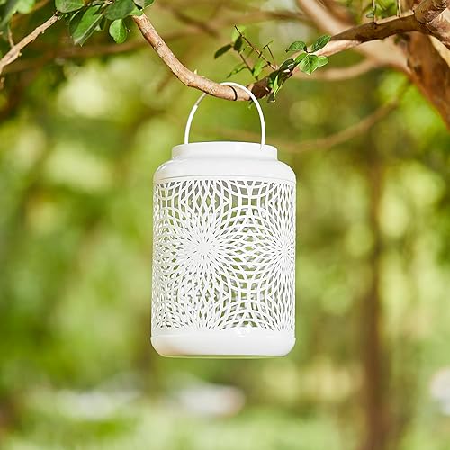 Miniatura 2 de Farol solar para exteriores, impermeable, de metal blanco, hueco, funciona con energía solar, decorativo, casa de campo, luz amarilla cálida para