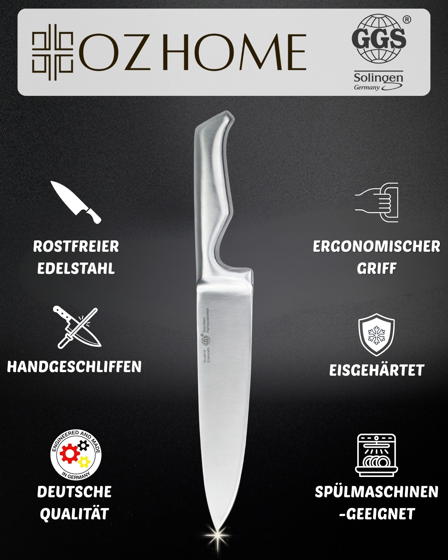 GGS Solingen Küchenmesser Set 7-teilig mit Holz-Messerblock – Edelstahl Messerset, Kochmesser Brotmesser Set, eisgehärtet, handgeschärft, rostfrei, komplettes Messerset, Geschenkset, Made in Germany