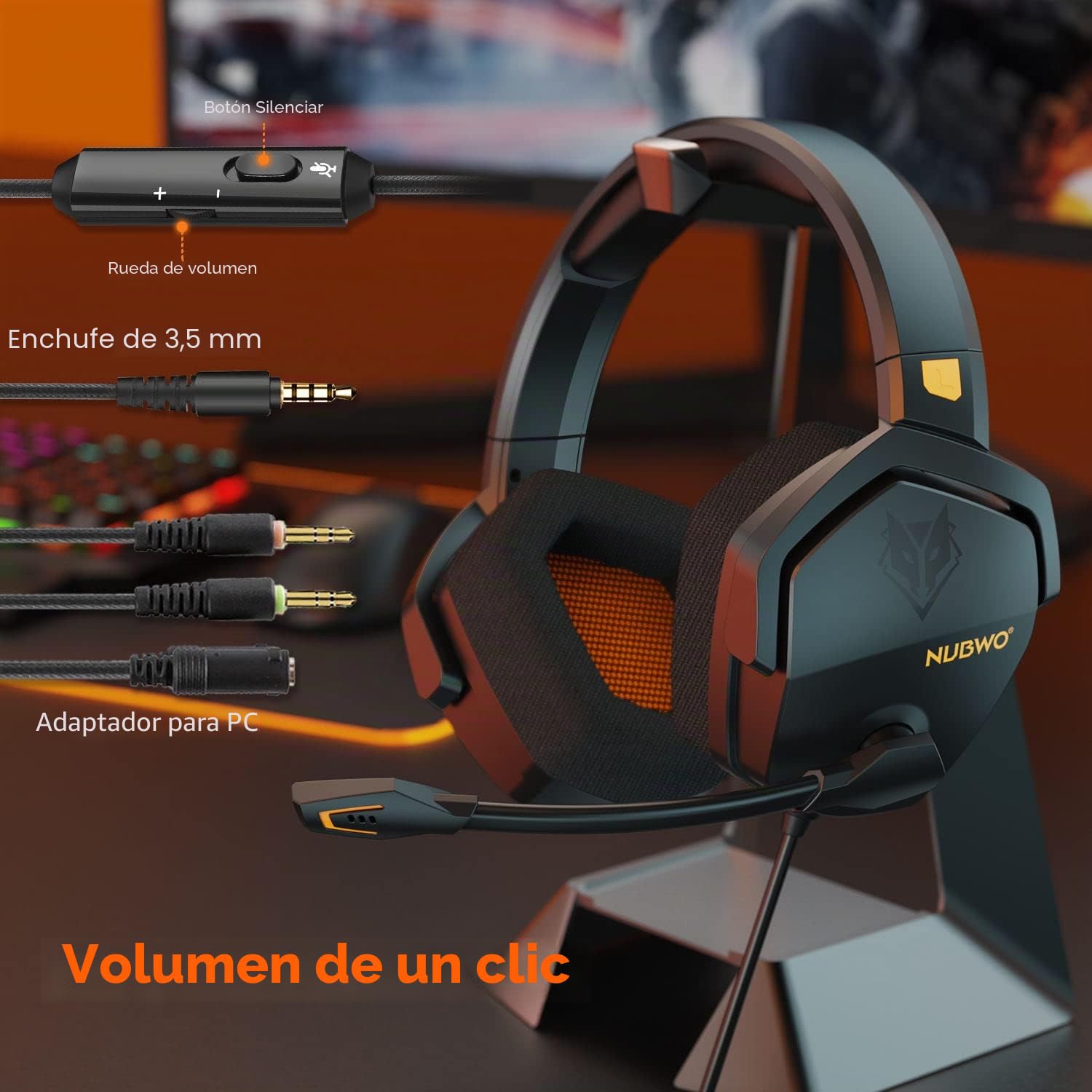NUBWO N16 Auriculares con Cable - Micrófono con Cancelación de Ruido, Sonido Estéreo y Diseño Cómodo para PS5, PS4, XboxOne, NS, PC, Computadora Portátil y Mac - Naranja