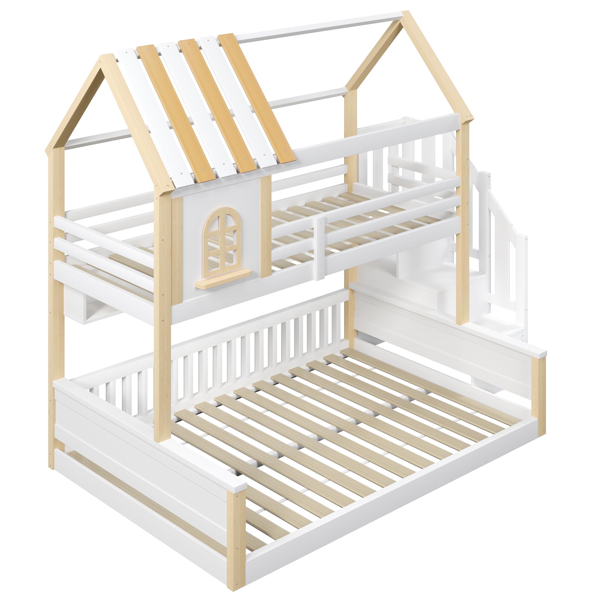 Litera de 90(140) x200 cm con LED y Diseño de Casa, Cama Infantil con Compartimentos Abiertos y Escalera Almacenaje, Cama Litera Matrimonio con Protección Anticaída, Sin Colchón, Blanco+Natural