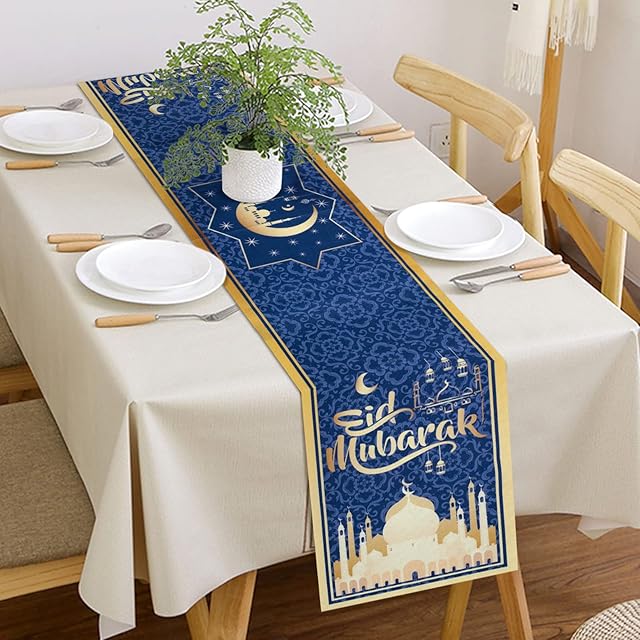 Fennoral Eid Mubarak Table Runner Ramadan Linen Tablerunner Muslim Islamic Iftar Party Table Decor with Golden Mosque Moon Lantern Pattern for Home Ramadan Decor 13.7 x 72 inches