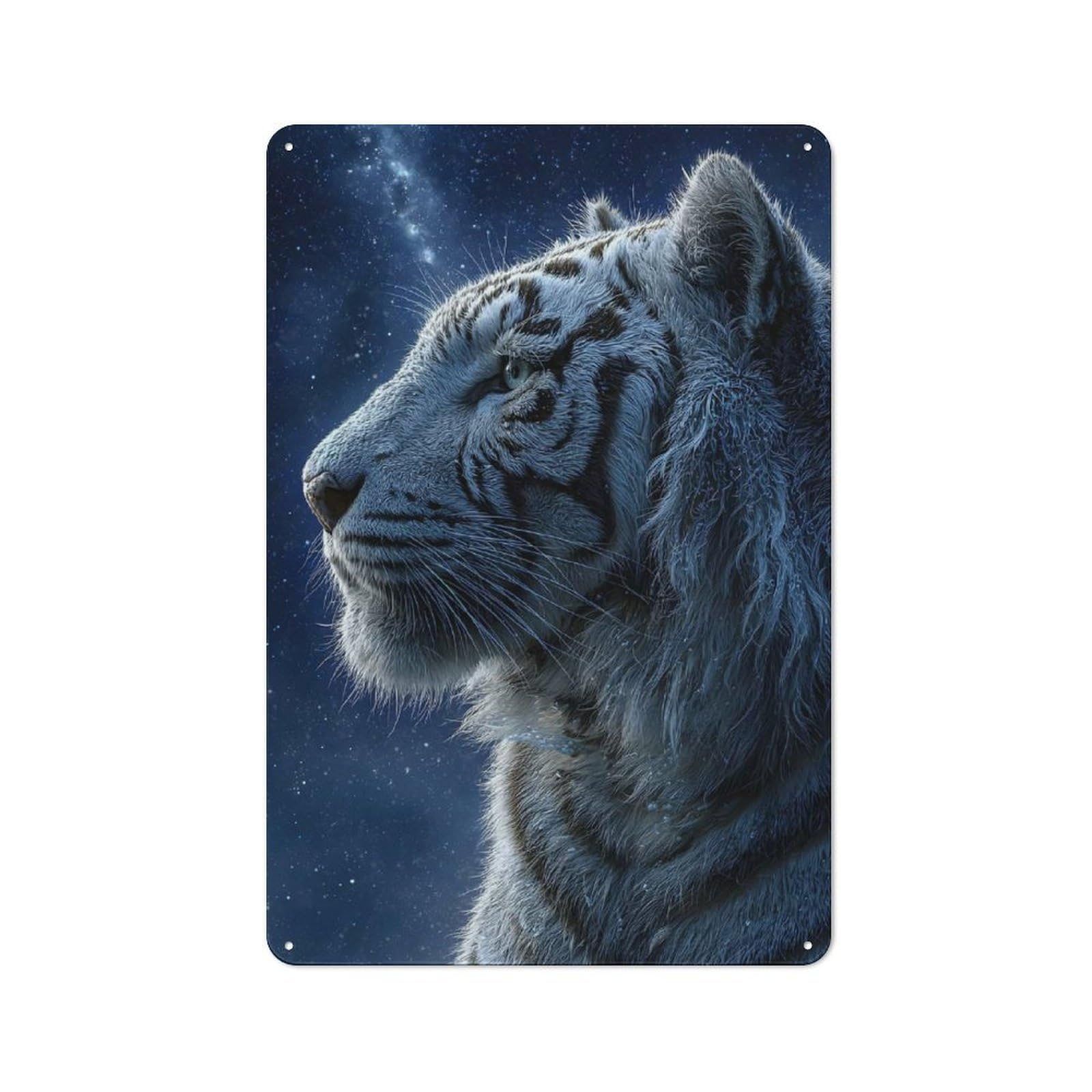 Junmoney Style-9 White Tiger Portrait Under Starry Sky Rustic Metal Sign 30X20cm, Country Vintage Country Wall Plaque For Cottage, Kitchen, Hallway Or Breakfast Nook