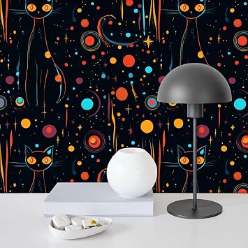 Peel and Stick Wallpaper Mid Century Modern Stylized Black Cat Cosmic Vibrant Abstract Elements Wall Paper Self Adhesive Removable Wallpaper for Bedroom Cabinet Decor 17.7"x118" Contact Paper Rolls