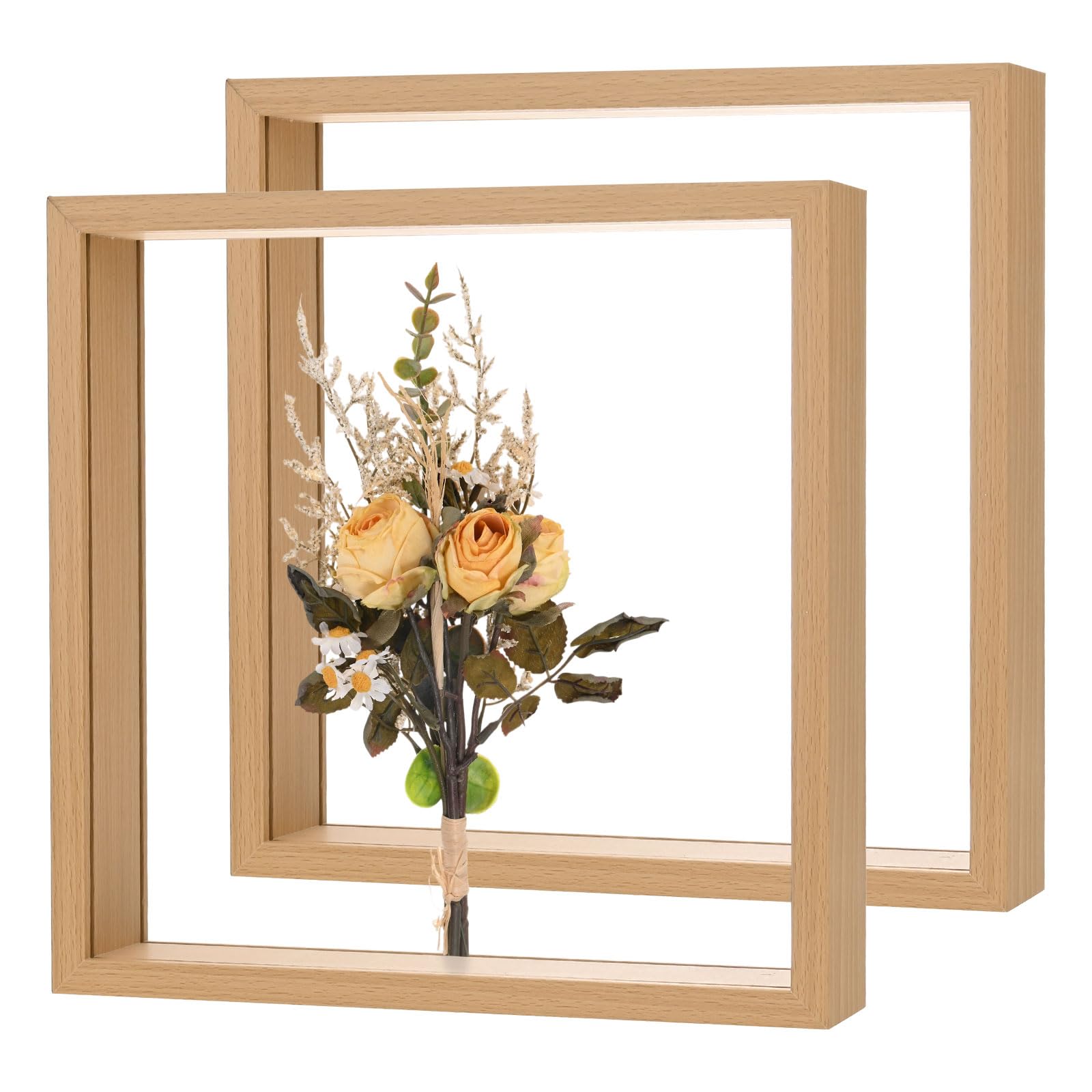 M METERXITY 2-Pack Dried Flower Frame, 10 x 10 Inch Double Acrylic Wooden Dried Flower Photo Floating Frame for Tabletop/DIY/Handicrafts [Wood Color]