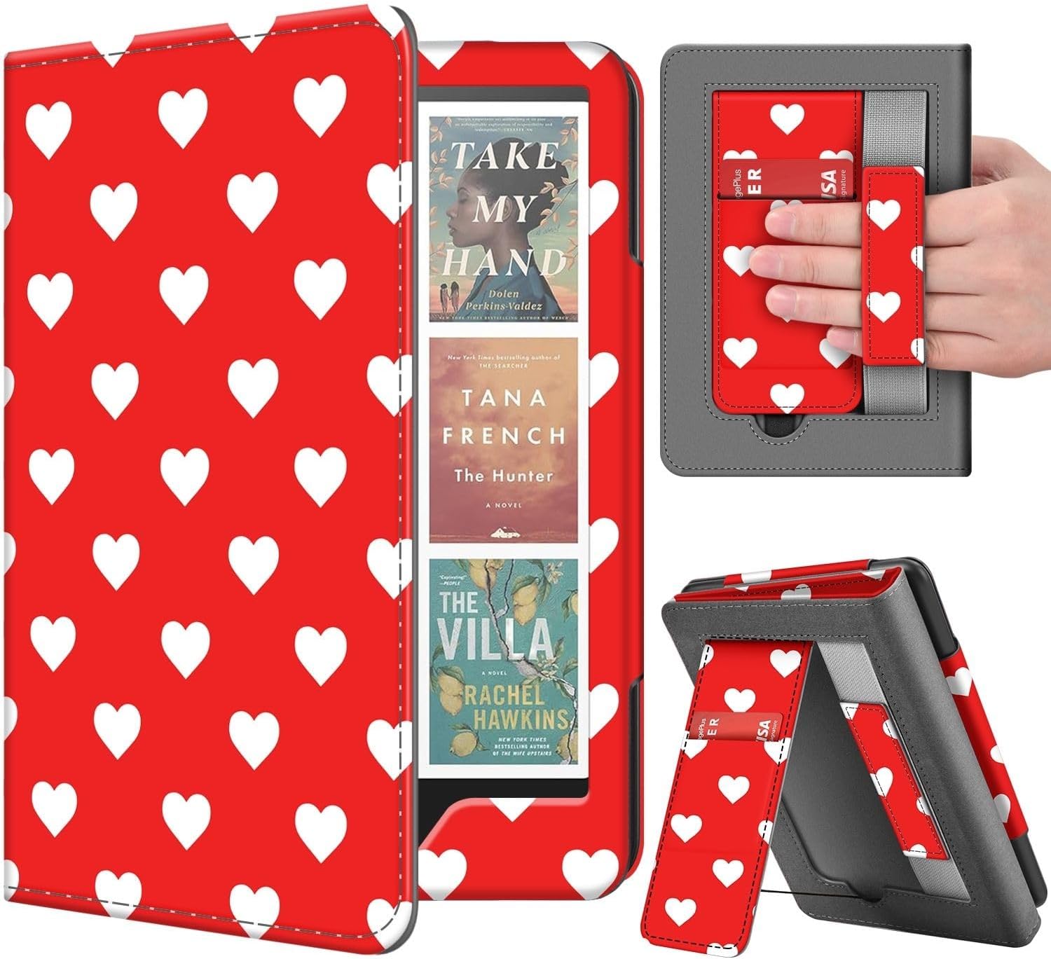 TNP Stand Case for Kindle Paperwhite 12th Generation 2024 / Kindle Colorsoft Signature Edition with Hand Strap & Card Slot - 7" PU Leather Protective Folio Cover with Auto Wake/Sleep, White Love Heart