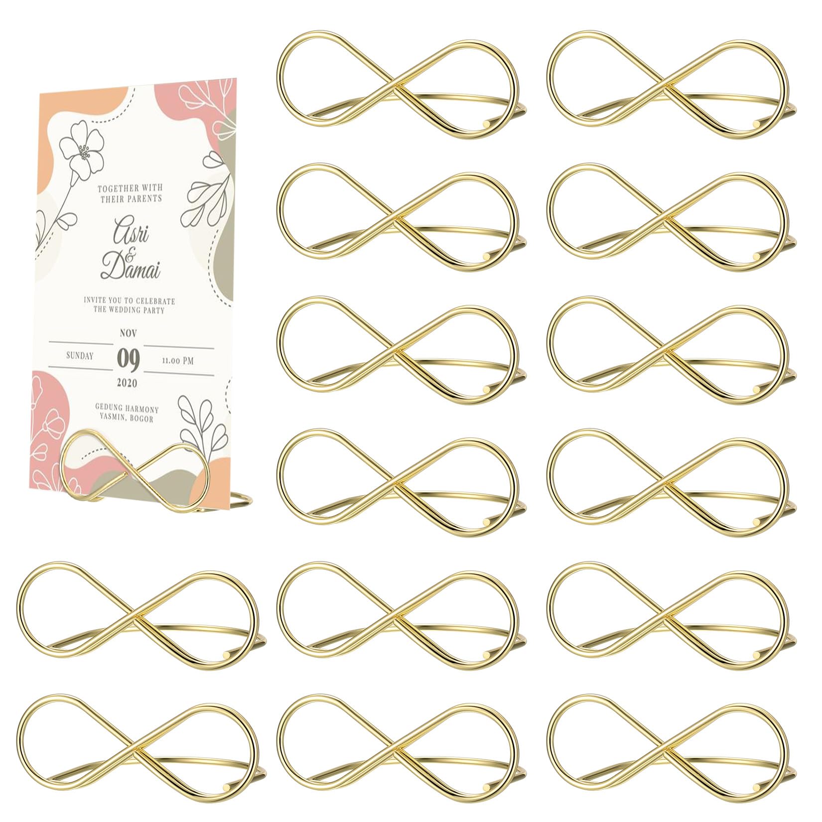 16 Pcs Table Place Name Holders Gold, Table Number Holders Stands, 8-Shaped Place Card Holders, Table Number Stands Holder Clips, Menu Card Place Display Holders for Wedding Party Memo Picture Photo
