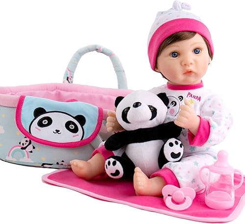 Vista 2 de Aori Lifelike Reborn Baby Dolls Blue Bassinet 18 inch Realistic Newborn Girl Doll in Soft Vinly and Weighted Body with 9-Piece Panda Gift Set