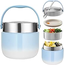 Thermal Food Container 1200 ml Adult Hot Food Thermos with Folding Spoon Thermal Lunch Box for Storing Foods, Lunches, Porridge, Soups (Blue)