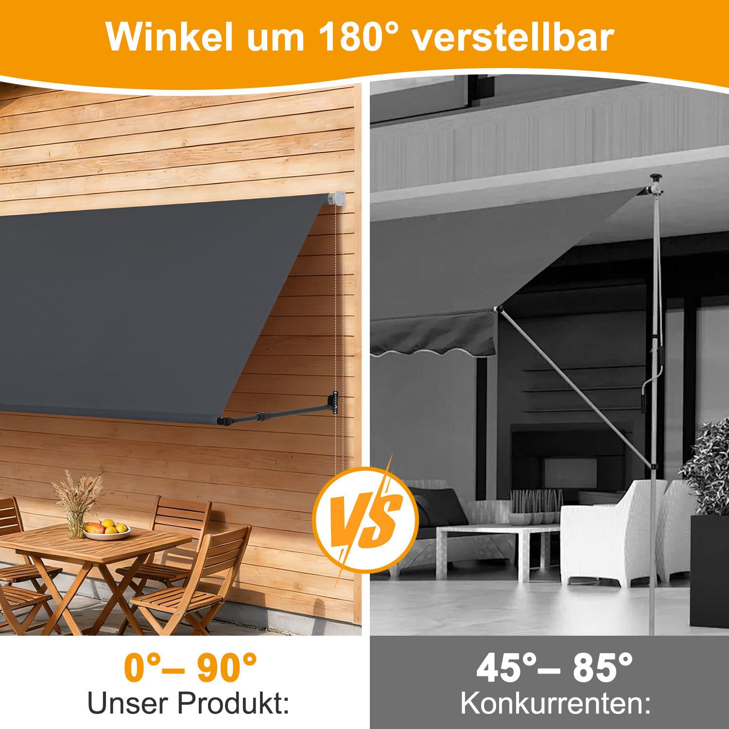 Markise Fallarmmarkise einziehbar 300x150cm, Stützarm 70-120cm verstellbar, 2m Perlenkette, Wandmontage, Sonnenschutz & Windschutz für Balkon Terrasse Garten, Dunkelgrau