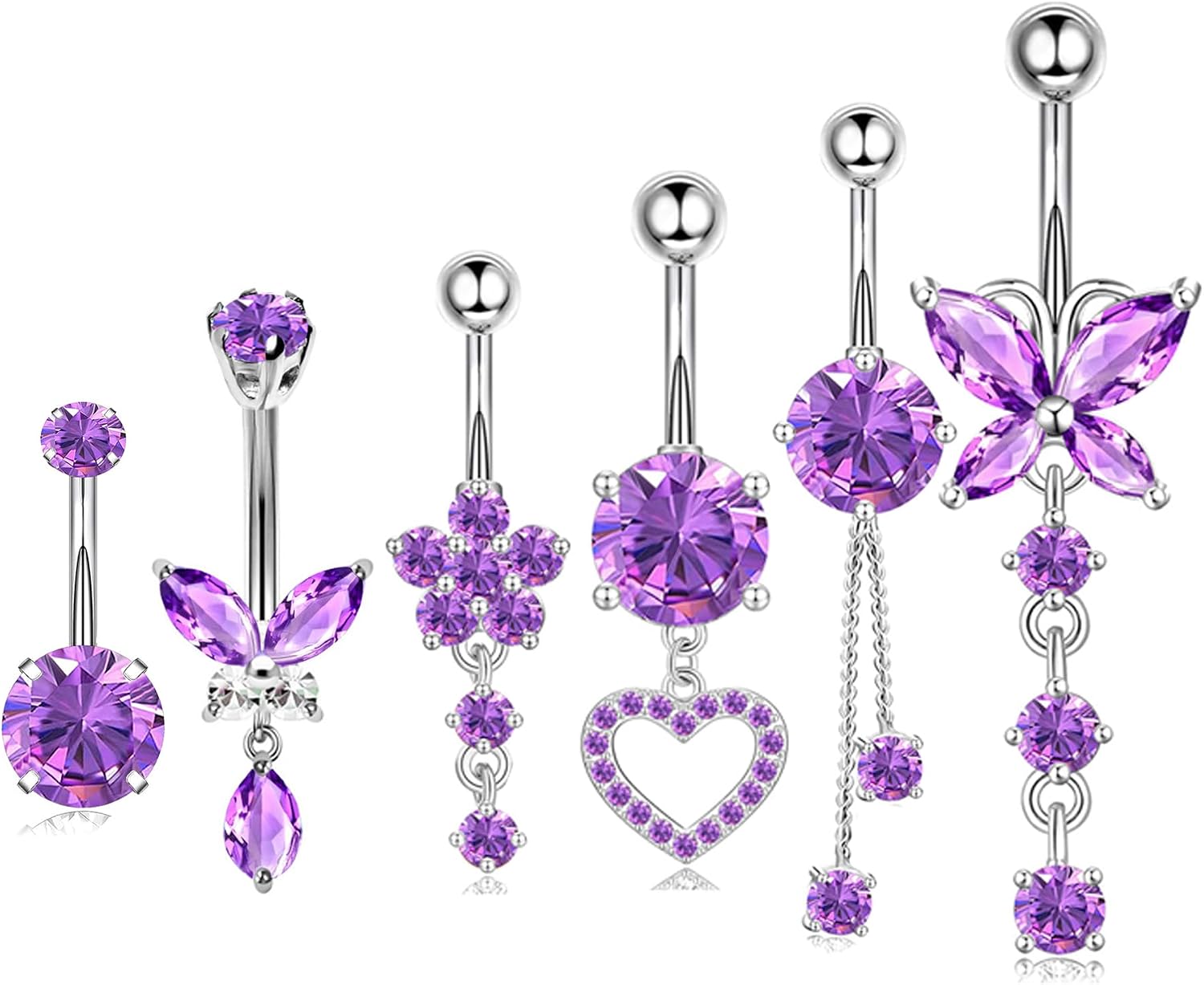 TIANCI FBYJS Surgical Stainless Steel Dangle Belly Button Rings for Women Belly Ring Dangling Piercing Jewelry with Heart Flower Butterfly Silver 14G