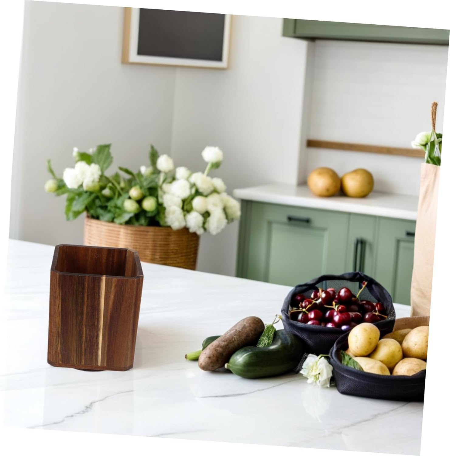 Rotating Kitchen Utensil Holder Wooden Base Spacious Design for Countertop Organization and Farmhouse Decor Spoon and Silverware Storage