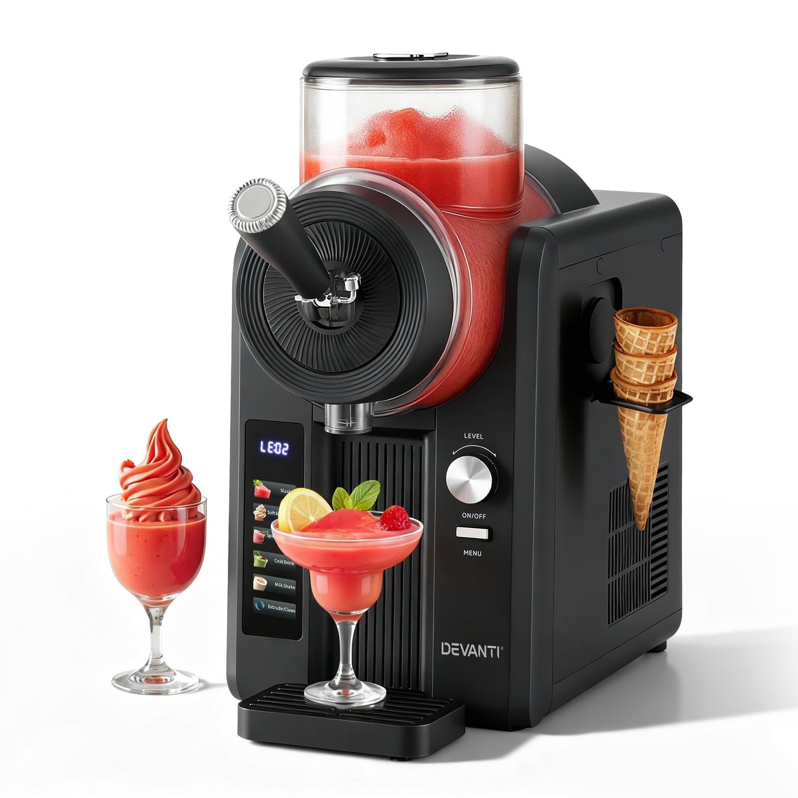 Devanti 6in1 Slushie Machine & Ice Cream Maker, 2L Large Slushie Maker, 20-Min Fast Freezing & Double-layered Mixing Drum, Ideal for Homemade Cocktails, Smoothies, Soft Ice Cream & Milkshakes, Black