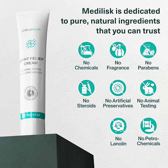 MediLisk Joint Relief Cream - Fast-Absorbing, Non-Greasy Natural Cream for Joints, Hypoallergenic, Non-Steroidal, 0.7 Ounce (Pack of 1)