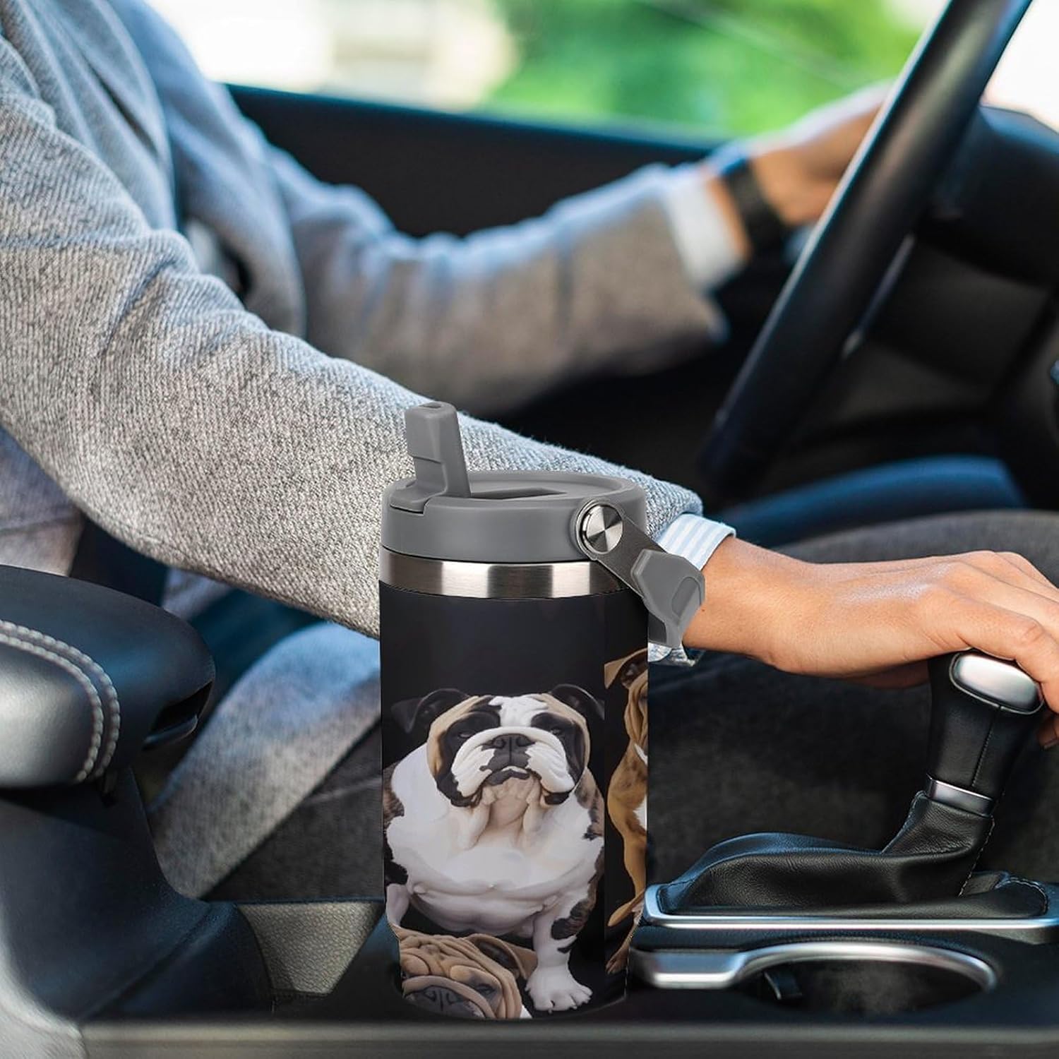 English Bulldogs Water Bottle 30 Oz Fits Car Cup Holder,Insulated Coffee Mug Large Capacity Car Cups,Stainless Steel Double Wall Sport Bottle for Travel Sports Gym