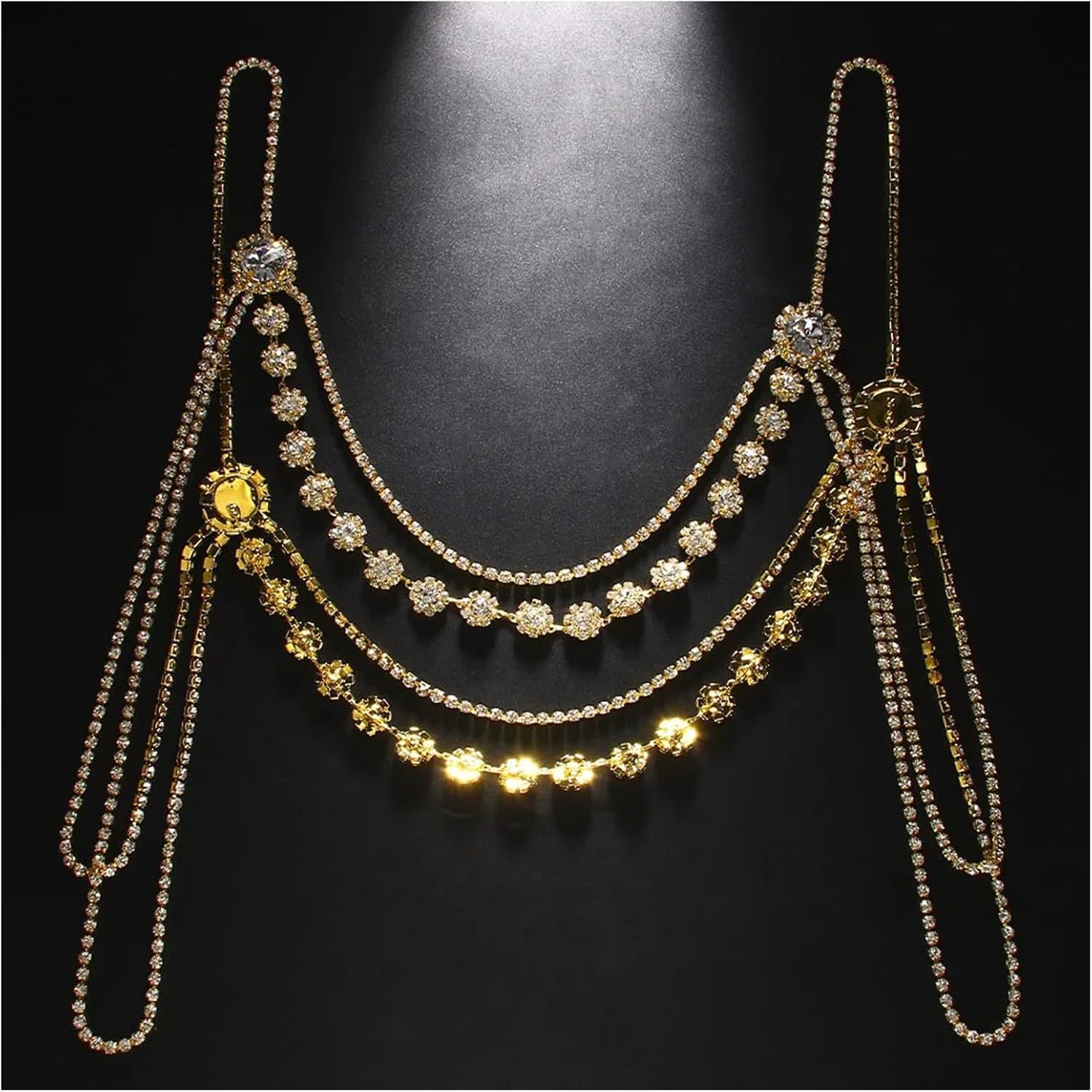 Rhinestone Shoulder Body Chain Jewelry,Multi-Layered Flower Rhinestone Bridal Back Chain Necklace Sexy Festival Rave Crystal Shoulder Chain Wedding Backdrop Jewelry for Women