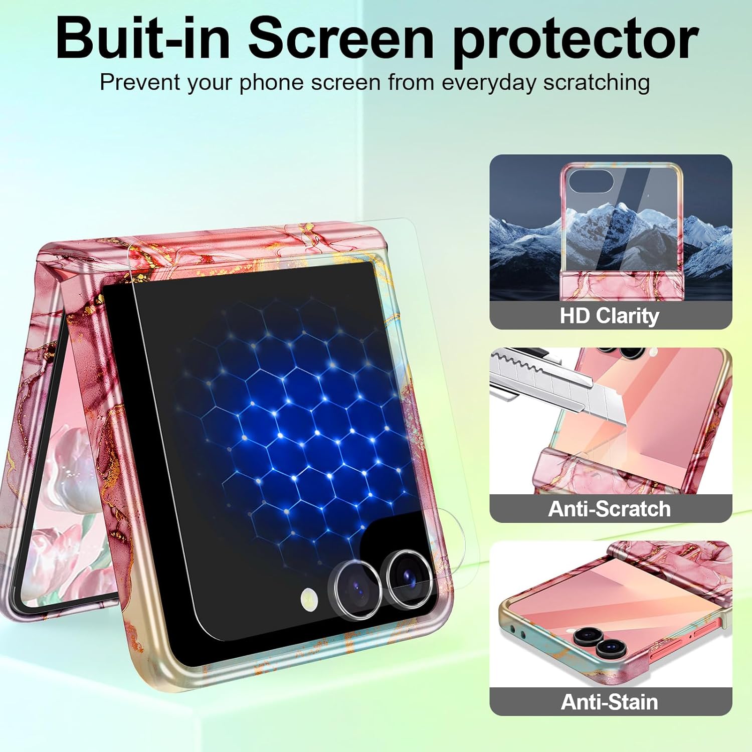 Btscase for Samsung Galaxy Z Flip 7 Case,Built in Front Screen Protector,Gold Glitter Marble Pattern Hard PC Slim Shockproof Full Body Drop Protective Case for Galaxy Z Flip 7 5G (2025), Rose Gold