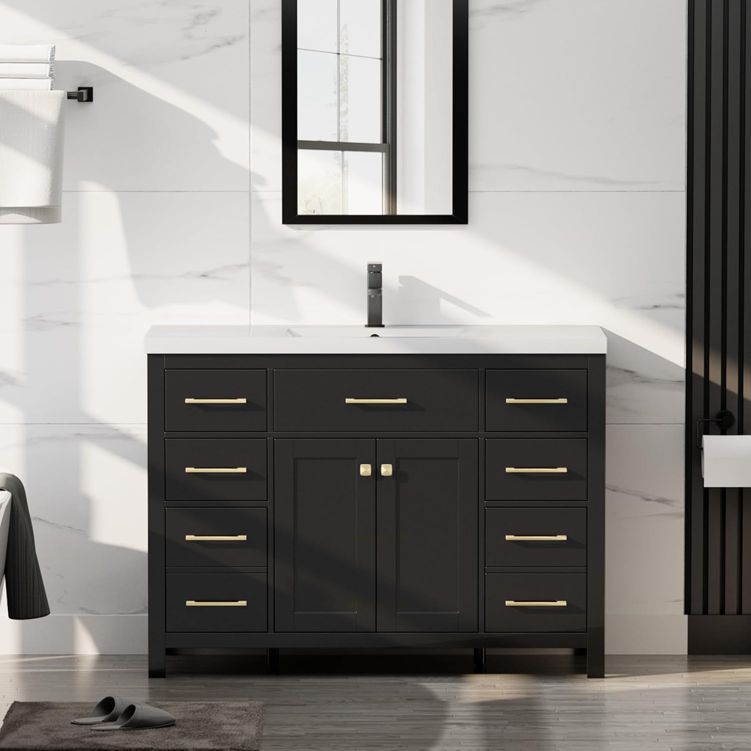 LUCKWIND 48" Modern Bathroom Vanity and Sink, Painted Bathroom Storage Cabinet with Single Resin Sink, Two Doors and Four Drawers, Include Faucet Without Mirror, Black