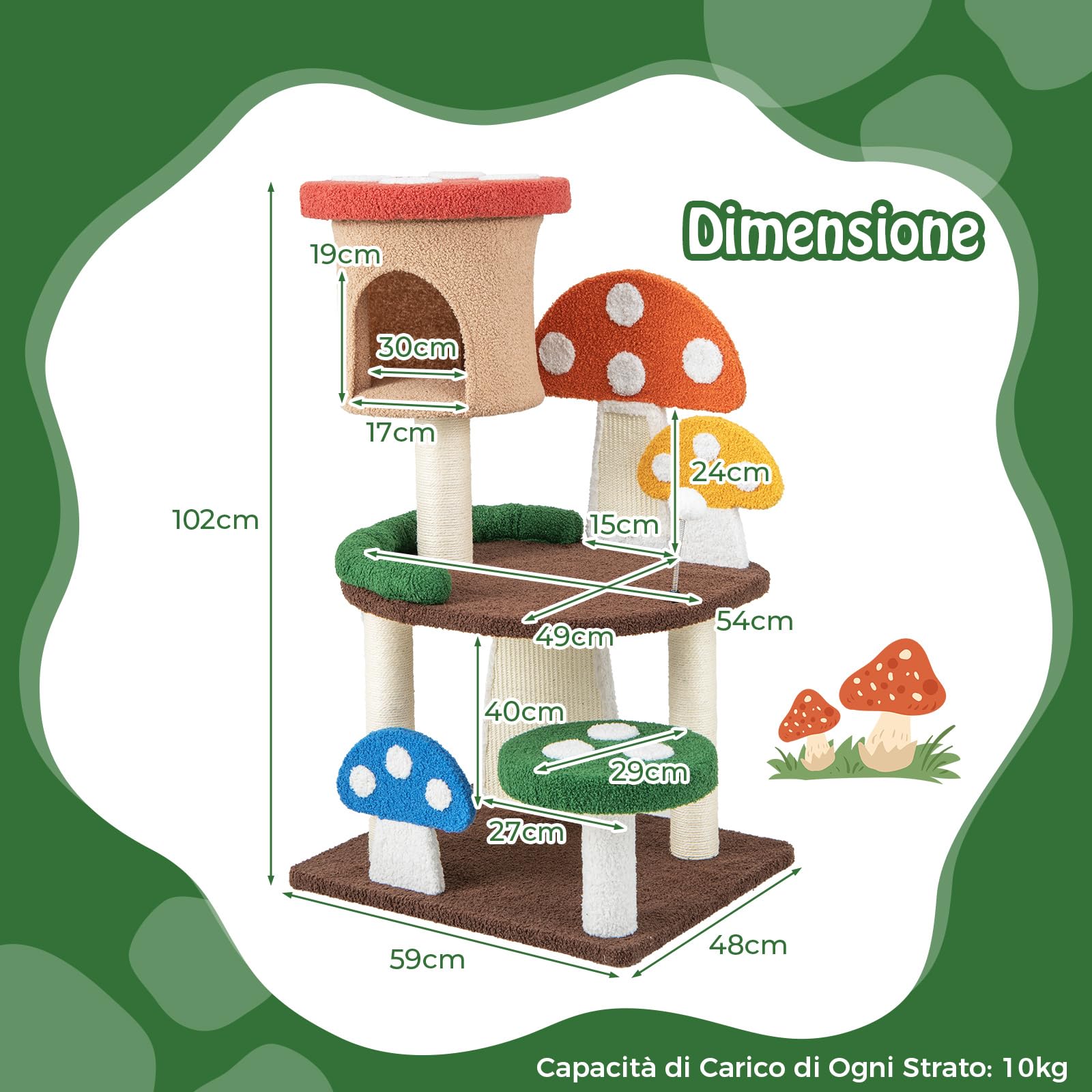 COSTWAY Albero per Gatti a Fungo 4-in-1, Torre Multi-Livello per Gatti con Condo, Piattaforma e Palla a Molla, Centro Attività per Gattini con Pali in Sisal e Tiragraffi