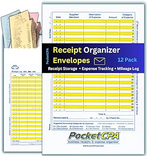 Receipt Organizer Envelopes. 3-Way Organizers that Store Receipts, Track Expenses & Let You Find Receipts Fast. Includes an Expense Ledger + Mileage Log. 12 Pack. [6.5x9.5"] Made in USA.