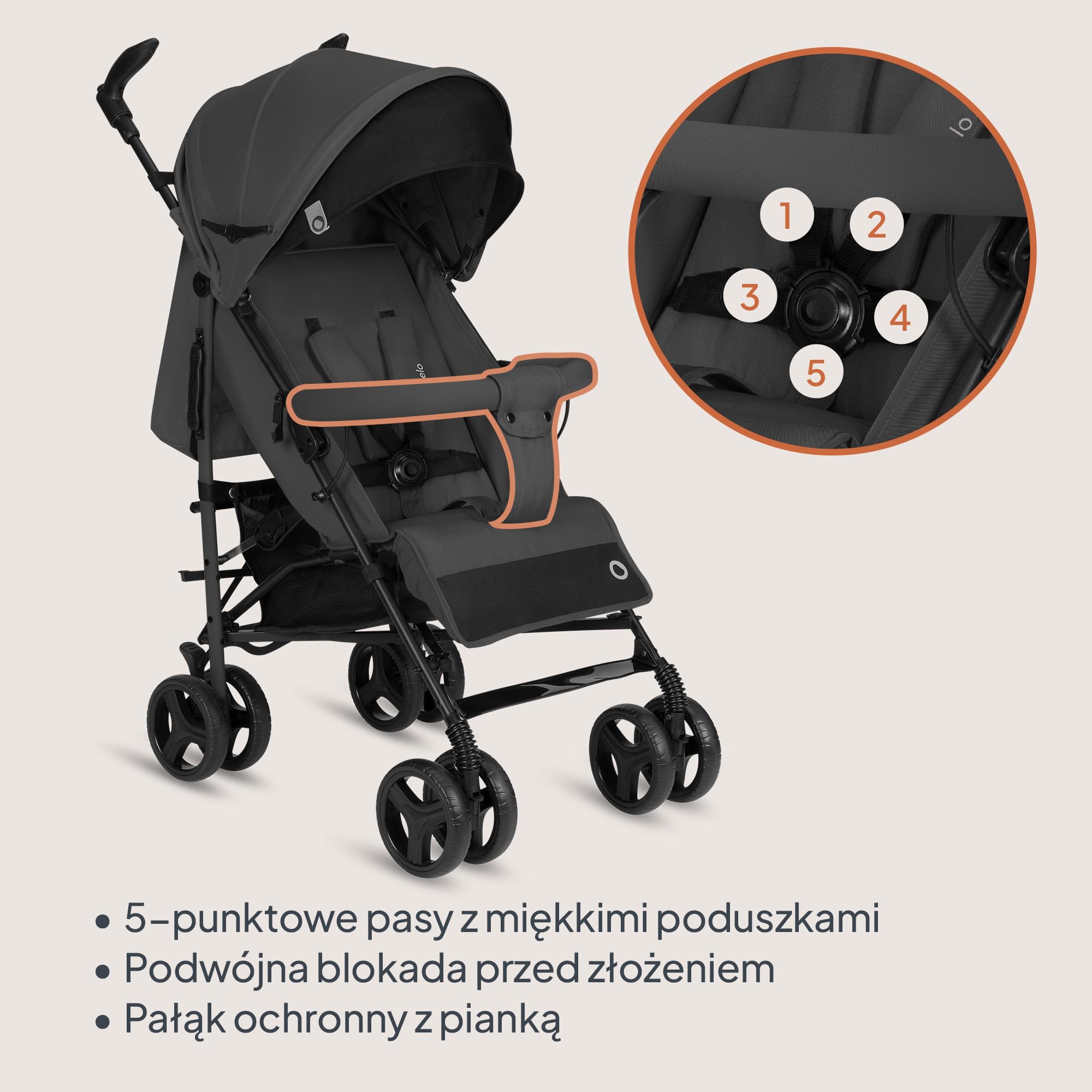 Lionelo Irma Wózek dziecięcy od 6 miesięcy, lekki 7 kg, pozycja leżąca, składany, z systemem składania jedną ręką, koła EVA 6" z amortyzacją i hamulcem, moskitiera, do 15 kg