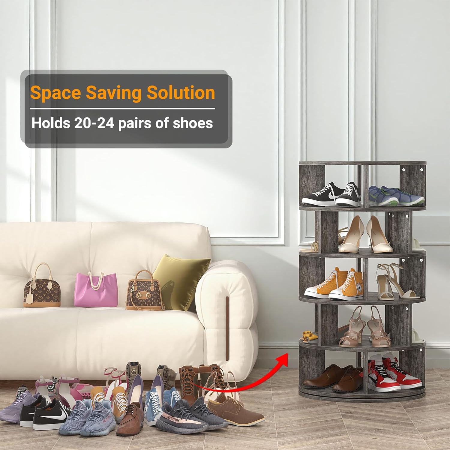 Aheaplus 5-tier rotating shoe rack in a living space, showcasing its capacity to hold multiple pairs of shoes.