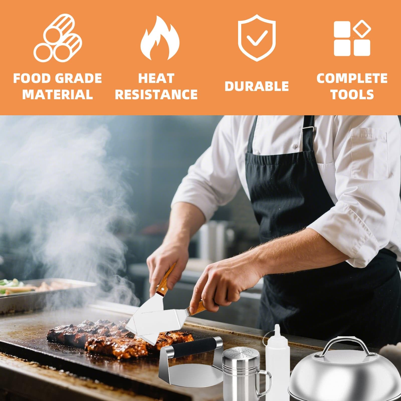 Smashed - Kit per hamburger, 10 pezzi, in acciaio inox, set di strumenti per la produzione di hamburger, per cottura a griglia piatta, hamburger di manzo e teppanyaki